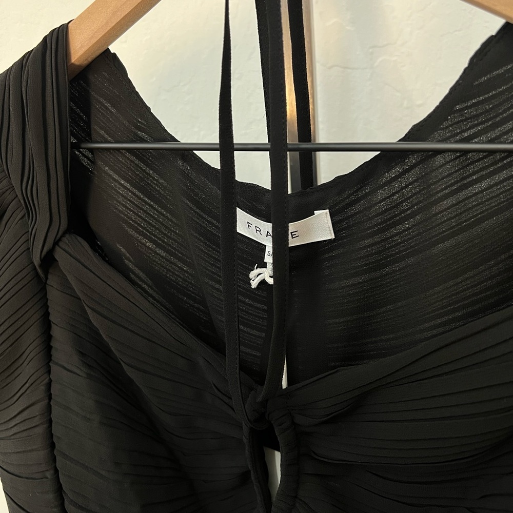 Frame Gathered Ruched Keyhole Tie Neck Puff Long Sleeve Top - Picture 15 of 15